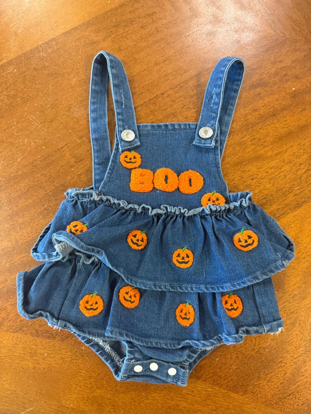 Baby Girl Halloween Denim Romper 0-3M Pumpkin BOO Chenille Ruffle Bubble Outfit